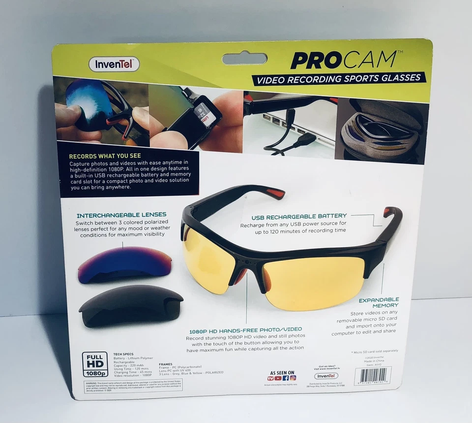 InvenTel PROCAM Video Recording Sports Glasses w/Interchangeable Lens & Case NEW - Image 2 of 4