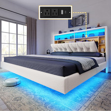 Queen Size Floating Bed Frame with RGB LED Lights, Bookcase Storage Headboard Be