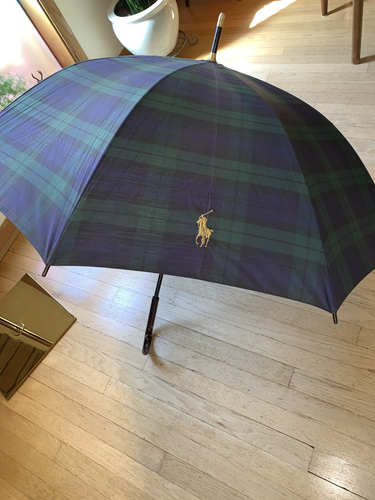 Vintage Ralph Lauren Polo Blue Green Plaid Tartan Wood Hook Handle Umbrella