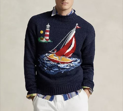 Polo Ralph Lauren Sailboat Intarsia-Knit Mockneck Sweater Navy Blue Red Large - Picture 2 of 4