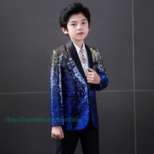 3 Pieces Boys Kids Shiny Sequin Tuxedo Suit Blazer Pants Costume Gradient Color