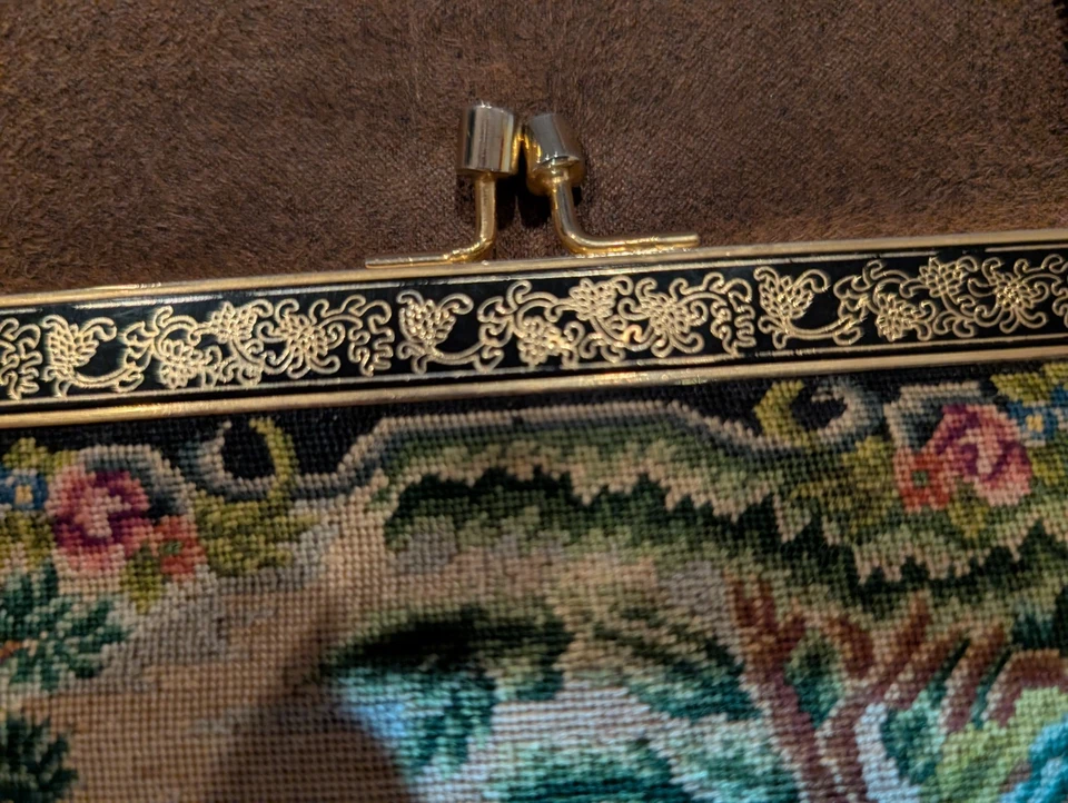Bolsa de mão bordada vintage Micro Petit Point floral tapeçaria - Imagem 3 de 4