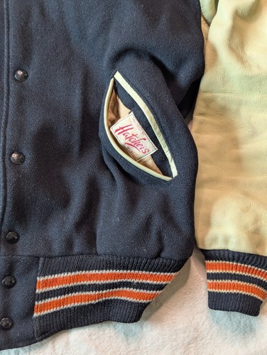 Bomber Hatchers vintage anni 60 uomo nero lana pelle manica State Champs LG - Foto 9 di 15