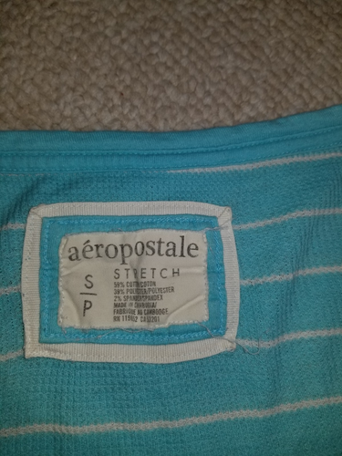 Y2K Damen Top - AEROPOSTALE - blau gestreift Baumwolle Waffelstrick Rundhalsausschnitt Spruch - S - Bild 5 von 6