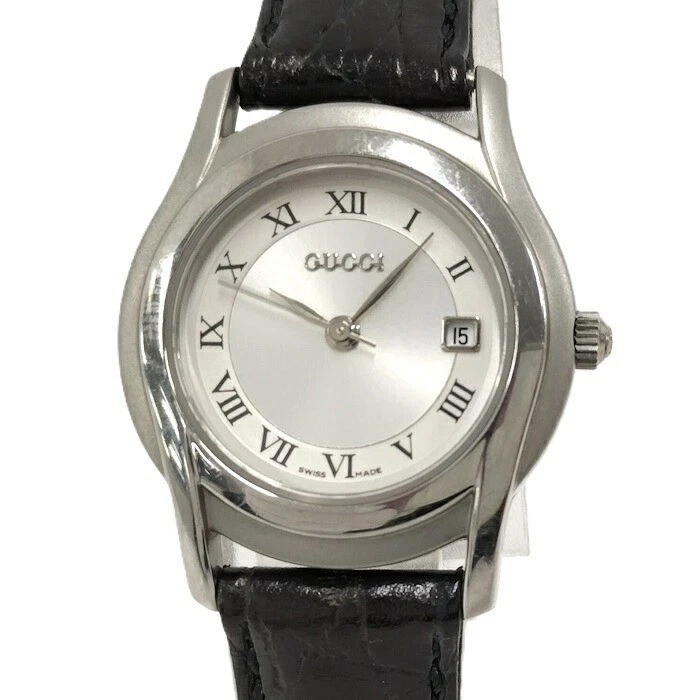 Gucci Qz Date Ss Cadran Argenté Ceinture Cuir Noir 5500L Occasion