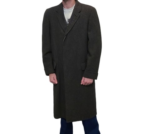 Vintage 50s Hart Schaffner Marx Tweed Overcoat Trench 42 Herringbone Mid-Century - Picture 10 of 20