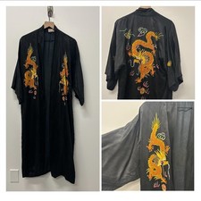 Vintage Golden Bee Chinese Silk Kimono Robe Unisex Dragon Hand Embroidery Size S