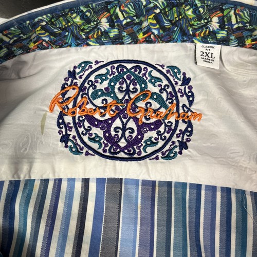 Camicia Robert Graham blu a righe con polsini a contrasto taglia 2XL - Foto 11 di 13