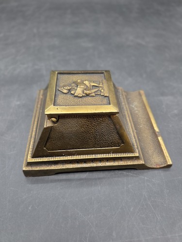 Antico calamaio penna vassoio immersione metallo vintage ottone antico vetro inchiostro raro unico - Foto 4 di 11