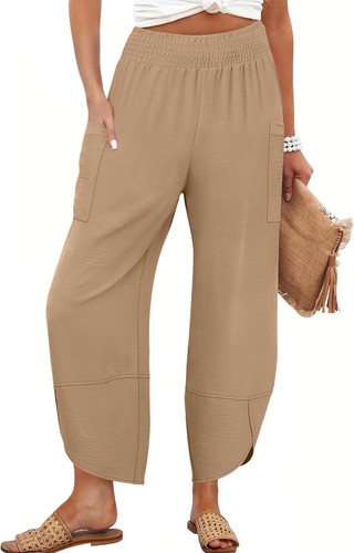 Damen Weites Bein Palazzo Capri Hose Sommer Freizeit Locker Hohe Taille Lounge Croppe - Bild 27 von 42