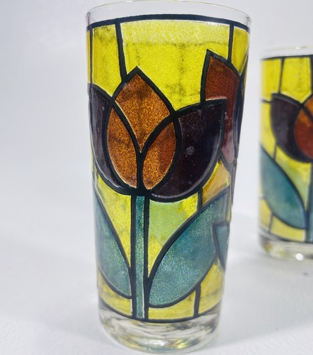 Stained Glass Tumblers Tulip Design 5-3/4" Retro Vintage 14 Ounce Set of 2 - Picture 5 of 17