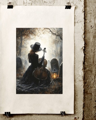 Gothic Woman with Cello in Graveyard Dark Surreal Cemetery Lantern Art Print - Picture 2 of 5