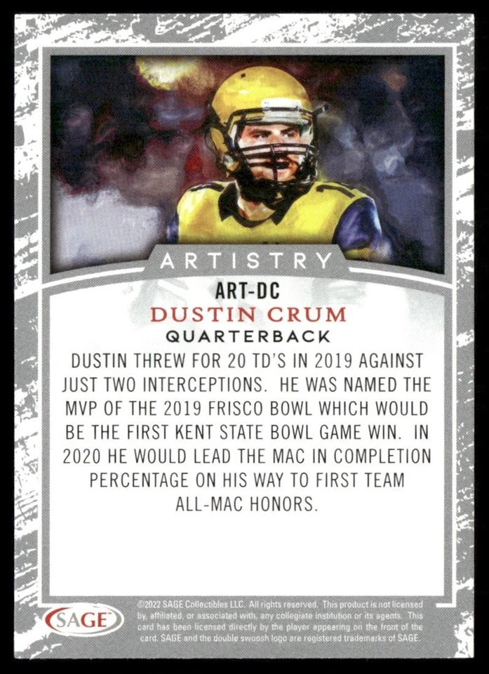 2022 SAGE HIT Artistry Silver Dustin Crum #ART-DC - Image 2 of 2