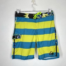 Quiksilver Board Shorts Mens W31-32 M Blue Green Striped Logo Surf Swim Vintage