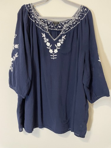 Camicetta contadina Talbot's donna 3X blu navy ricamata manica 3/4 BOHO casual Popover