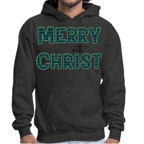 Mens Graphic Hoodie Merry with Christ - Green Plaid Christmas Holiday - Picture 50 of 54