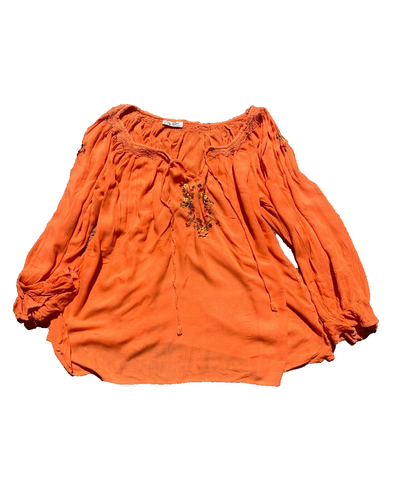 Peace Angel Orange Embroidered Long Sleeve Tunic Top Boho - Plus / One Size