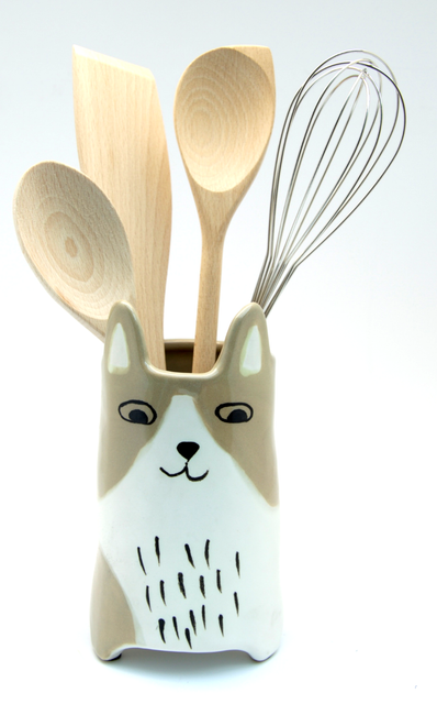 Parlane Brown White Ceramic Cat Vase Kitchen Utensil Holder Plant Pot Gift