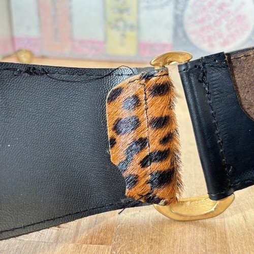 Cinturón ancho imitación leopardo glam rock, hebilla asimétrica retro 4" - Imagen 5 de 9
