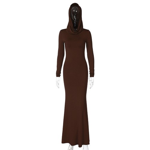 Womens Stretch Bodycon Maxi Dress Hooded Long Sleeve Slim Cocktail Party Dresses - Picture 30 of 30