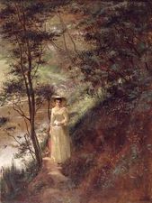 Ｏｉｌ　ｐａｉｎｔｉｎｇ Frederick Cubbin The Letter young lady by river forest landscape @@