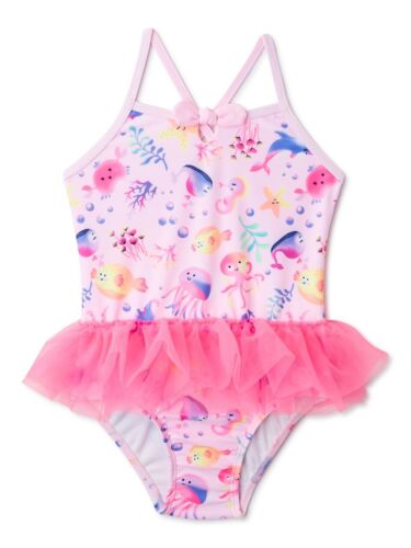 Wonder Nation Baby Toddler Girl One-Piece Floral & Marine life Tutu Swimsuit New - Picture 2 of 7