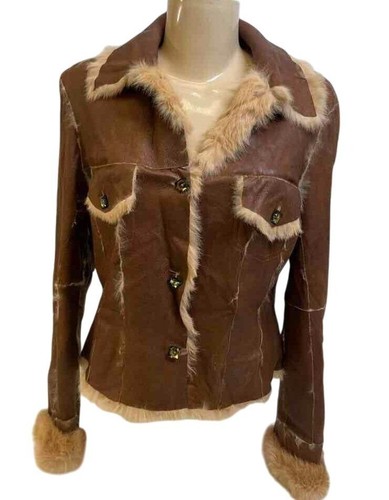 Rare Cache Brown Buttery Leather Fur Jacket L Patchwork Penny Lane Trucker 10027
