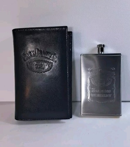 Jack Daniels Leather Wallet and 3oz Hip Flask Gift Set - Embossed - Old No. 7