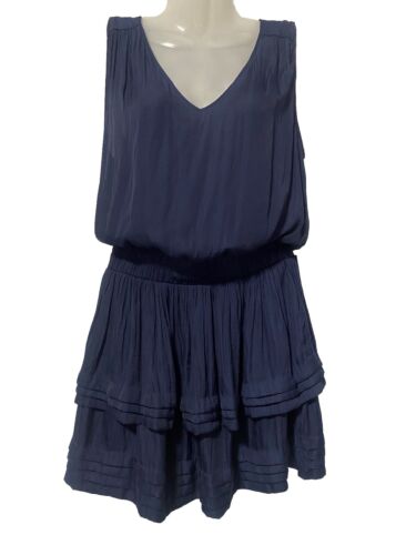 Do+Be Sleeveless Mini Dress Tiered Ruffle V-Neck Navy Blue Satin Sleeveless S - Picture 3 of 10