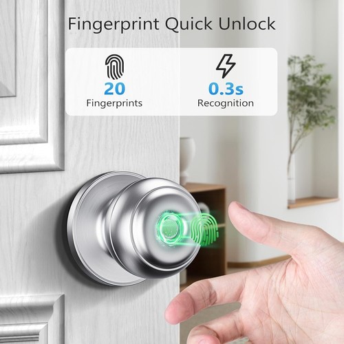 Fingerprint Door Knob with Lock, Fingerprint Door Lock for Bedrooms, Smart - Picture 3 of 8