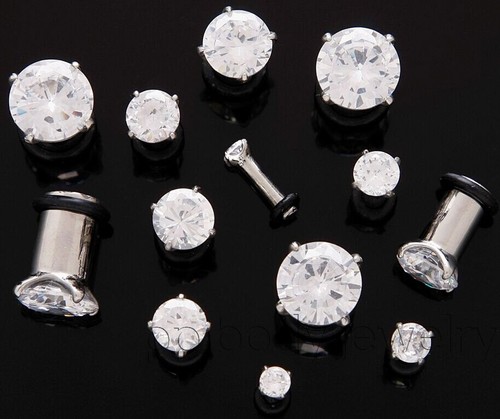 PAIR Prong Set CZ Surgical Steel Single Flare Tunnel Ear Plug with Black O-Ring - Picture 3 of 4