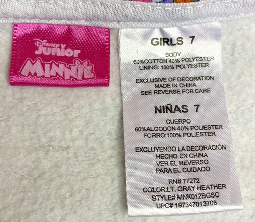 DISNEY JUNIOR Girl’s Size 7 Minnie Mouse Full Zip Light Gray Hooded Jacket - Picture 14 of 20