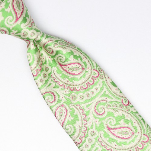 John G Hardy Mens Silk Necktie Spring Green Pink White Paisley Weave Woven Tie