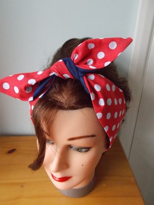 HEAD SCARF HAIR BAND NAVY BLUE RED POLKA DOT SPOTS BUNNY TIE BOW ROCKABILLY