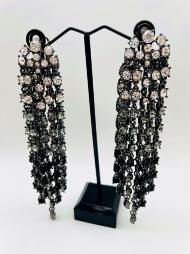 Oscar 12cm Drop Clear Grey Black Crystal Chain Clip Earrings - Picture 1 of 13