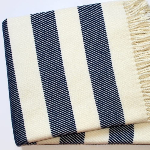 Cream and Navy Blue Slanted Stripe Fringed Throw Blanket - Picture 4 of 5