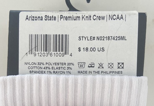 ASU Arizona State University Devils Strideline Crew Socks White M/L 8-12 - Picture 5 of 5