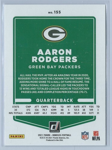 2021 Panini Donruss #155 Aaron Rodgers - No Helmet - Face Mask Variation MVP - Bild 2 von 2