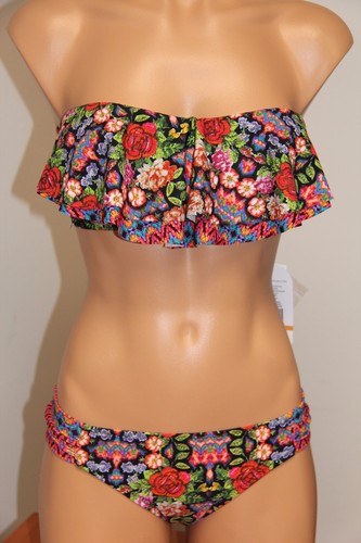 NWT Jessica Simpson Swimsuit Bikini 2 pc set Sz L BLK Multi Bandeau - Picture 2 of 6