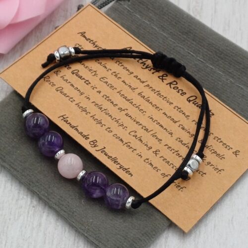 AMETHYST & ROSE QUARTZ Bracelet Adjustable Crystal Healing Gemstone Handmade 8mm - Picture 9 of 11