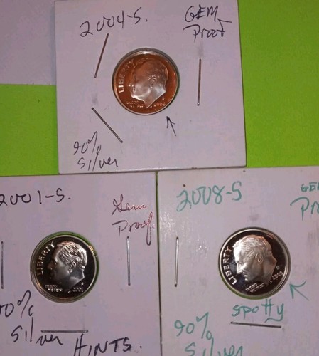 S 200 2003? 2001 S 3 O Roosevelt Dime Lotto 90% ARGENTO Proof FROSTY Presidente GEM