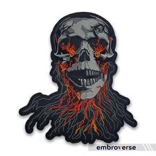 Flaming Skull Large Back Patch - Embroidered Skeleton Motif - Halloween Inspired