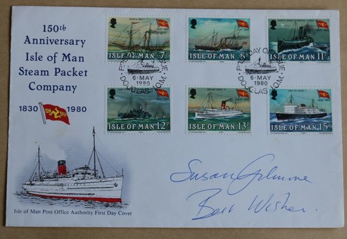 Steam Packet Company 1980 Isla de Man FDC FIRMADO POR LA ACTRIZ SUSAN GILMORE - Imagen 1 de 2