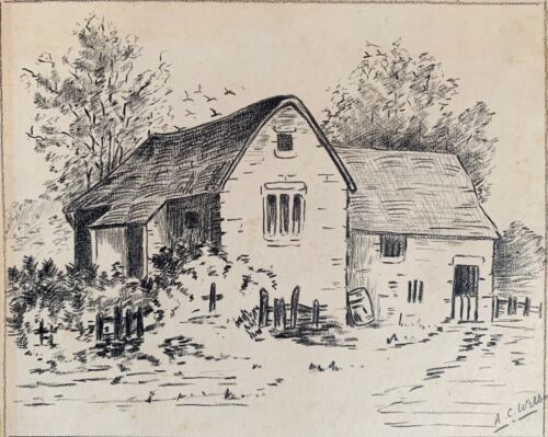 Antique Early 20th Century Charcoal Drawing Cottage Signed A.C. Webber UK