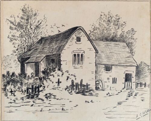 Original Antique Signed Charcoal Sketch of English Country Cottage circa 1920 - Picture 1 of 14