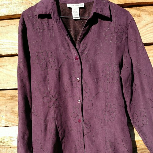 Sag Harbor Women's Top Button Down Long Sleeve Suede Flower Blouse Purple Medium - Picture 5 of 10