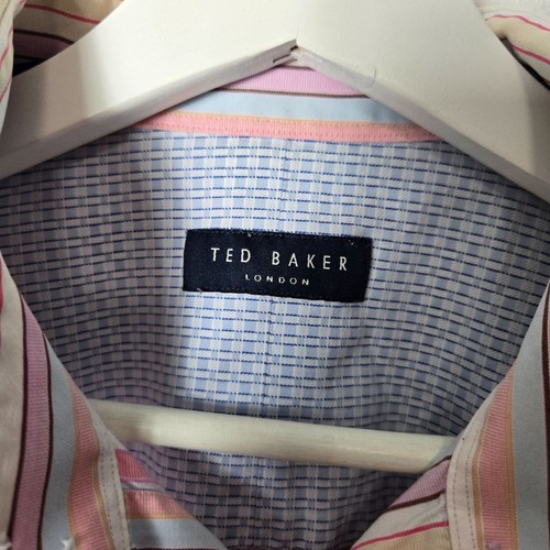Ted Baker London Men's 16 34/35 Blue Pink Striped Button-Up Shirt Flip Cuffs - Picture 3 of 9