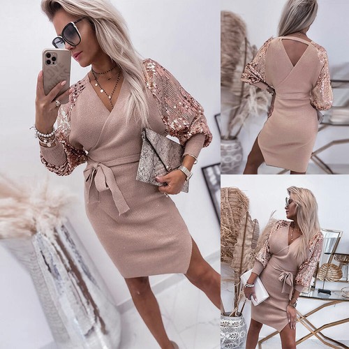 Womens V-Neck Sequin Wrap Dress Bodycon Ladies EveningParty Cocktail Mini Dress