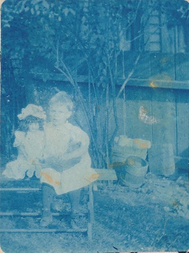 Antique Trimmed Tiny RPPC Cyanotype Little Girl Big Doll Cat Kitten Pet Toy Cute