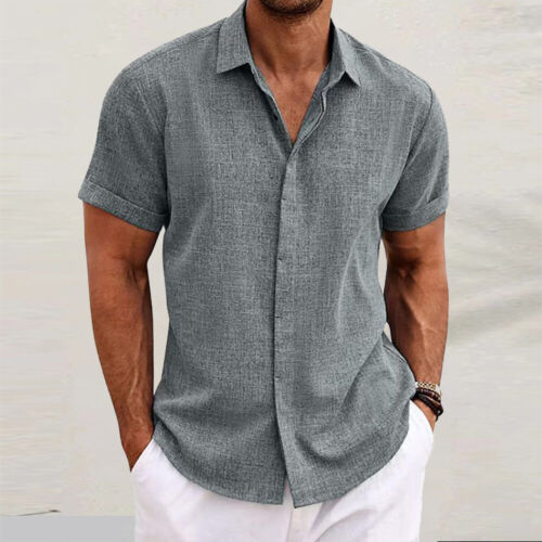 Men Solid Short Sleeve Turn-Down Collar T-shirt Button Tops Tee Blouses Work OL - Picture 30 of 33
